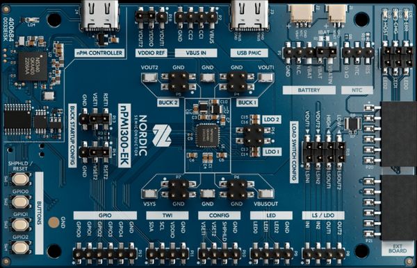 バッテリ充電および独自のシステム管理機能を備え、高度に洗練された電源管理IC (PMIC)であるnPM1300の評価キット